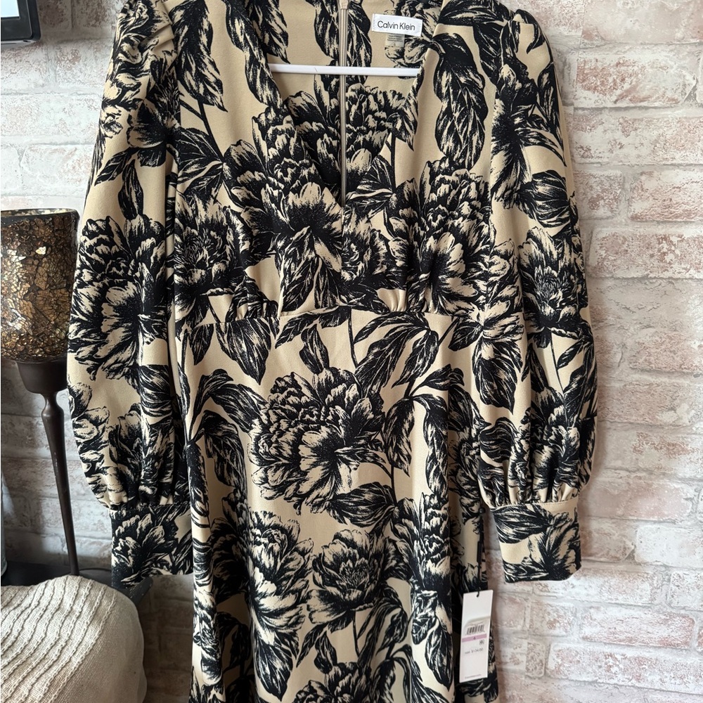 Calvin Klein Black Floral Long Sleeve Dress